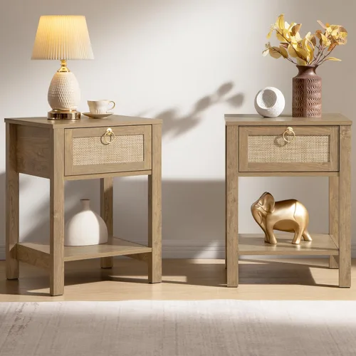 Miniatura 10 de SICOTAS Mesita de noche de ratán, cajón decorativo de ratán con perillas de latón, mesita de noche, mesa auxiliar bohemia con estante