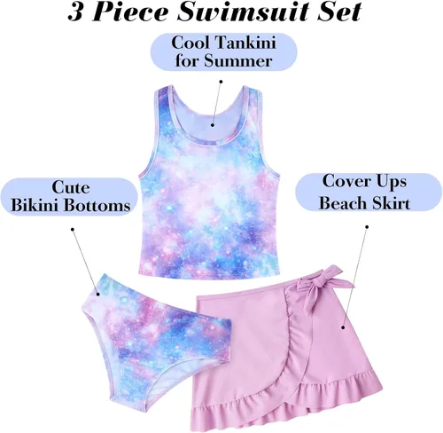 Miniatura 24 de Traje de baño tankini de 3 piezas para niñas, lindo bikini con salida de baño con falda de playa de 5 a 16 años