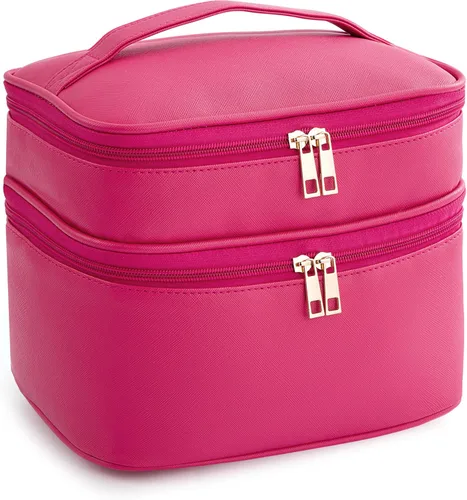 Miniatura 12 de HBlife Bolsa de maquillaje de viaje de doble capa, portátil, bonita bolsa de cosméticos de cuero, bolsa grande de maquillaje, organizador de Beige