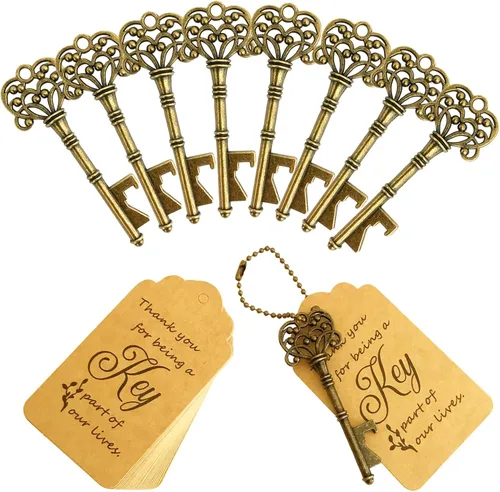 Miniatura 11 de 100 piezas de abrebotellas para recuerdos de boda, abrebotellas con llave de esqueleto vintage, abrebotellas con tarjetas de escolta y llaveros, Oro