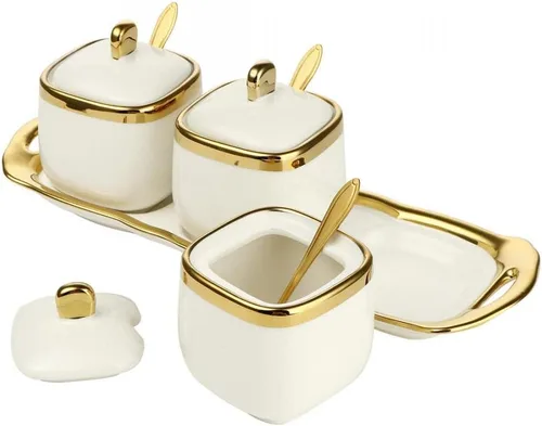 Miniatura 4 de Tarro de condimentos de porcelana con bandeja, cuchara de cerámica y tapa, recipiente de condimentos de cerámica para especias y azúcar, caja