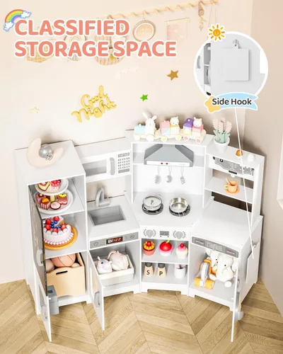Miniatura 6 de MAMIZO Cocina de Juego de Esquina de Madera, Gran Juego de Cocina Interactivo Ultimate para Niños Pequeños de Pretender con Pizarra, Estufa y Blanco