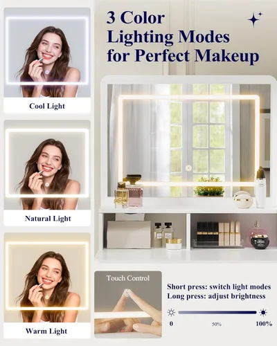 Miniatura 4 de Kitsure Escritorio de tocador con espejo y luces, tocador de maquillaje de gran capacidad con 4 cajones de almacenamiento de tela y 3 modos