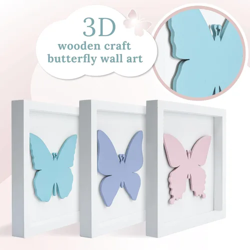 Miniatura 3 de Tide and Tales Decoración de habitación de mariposa 3D para niñas, juego de 3 (7 x 7 pulgadas), arte de pared de madera enmarcado para guardería