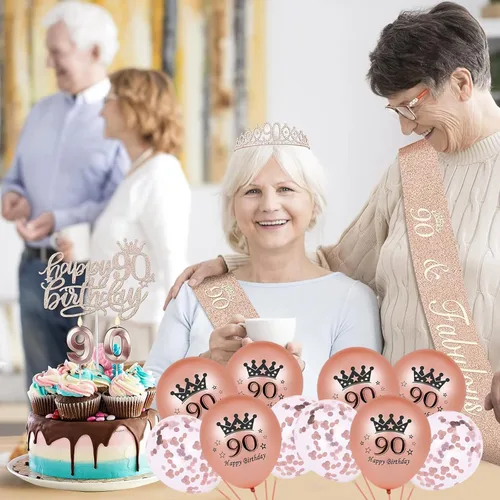 Miniatura 5 de Decoraciones de cumpleaños 90 para mujer, banda de cumpleaños 90, corona de cumpleaños 90, adorno para pastel de cumpleaños 90, globos, juego