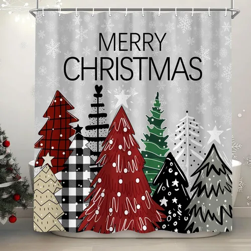 Miniatura 13 de Cortina de ducha de muñeco de nieve de Navidad, bola de Navidad roja, bonita cortina de ducha de muñeco de nieve de invierno, decoración navideña