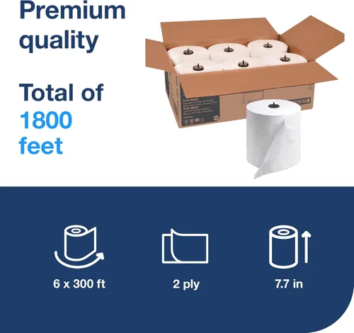 Miniatura 2 de Rollo de toallas de mano de papel extra suave Tork Matic blanco con hoja azul H1, Premium, alta absorbencia, 6 rollos x 300 pies, 290094