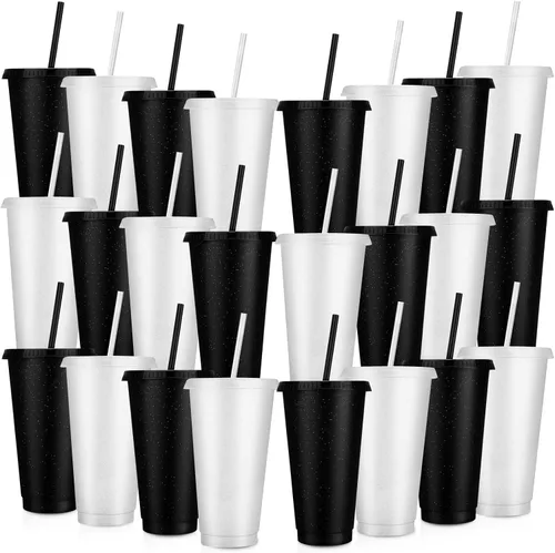 Miniatura 36 de Honeydak Paquete de 60 vasos con popote y tapa, vasos a granel para regalos, tazas de café de plástico con purpurina de 24 a 27 onzas, botella