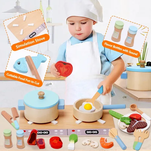Miniatura 6 de Accesorios de cocina de juguete, juego de cocina de madera, juego de cocina de simulación para niños, incluye estufa, ollas y sartenes de cocina