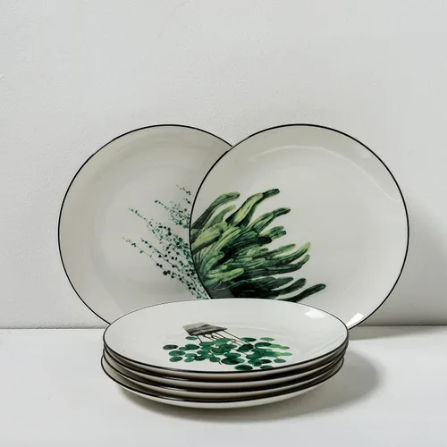Miniatura 7 de Juego de 6 platos de porcelana de 8 pulgadas con patrón de plantas, vajilla de cerámica blanca para carne, almuerzo, ensalada, postre, servir pan