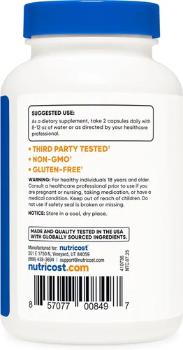 Miniatura 4 de Nutricost L-Citrulina 500 mg, 120 cápsulas – Sin gluten, sin OMG, 1000 mg por porción (60 Serv)