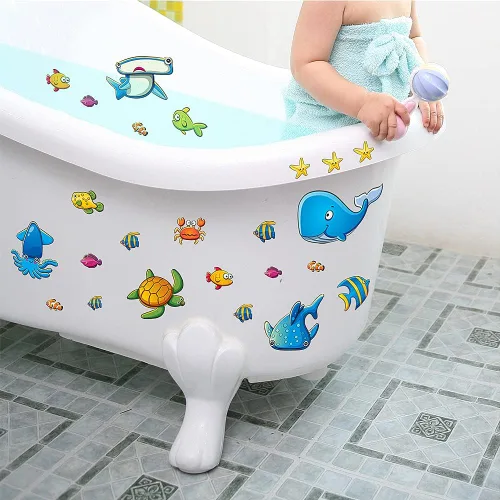 Miniatura 2 de TESWEY 24 calcomanías antideslizantes para bañera, diseño de vida marina de dibujos animados, de PVC, mate, para la habitación de los niños, baño