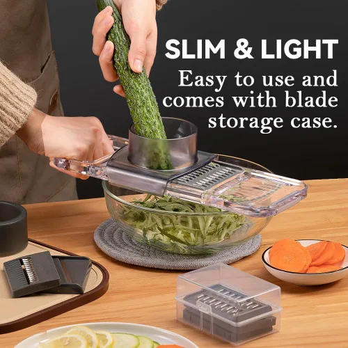 Miniatura 6 de KEOUKE Cortador de mandolina multifuncional transparente, 6 cuchillas intercambiables, cortador de verduras de mano con protector de mano para Negro