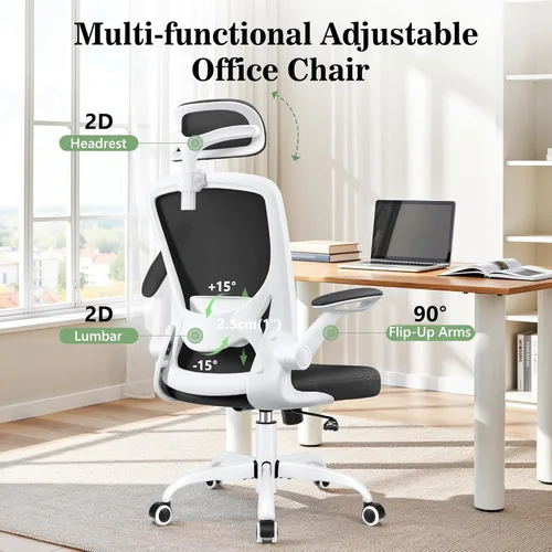 Miniatura 5 de BESTFAIR Silla de oficina ergonómica, sillas de oficina de malla transpirable con soporte lumbar ajustable, brazos abatibles, silla de escritorio