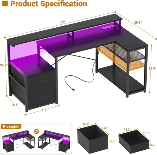 Miniatura 2 de Aheaplus Escritorio en forma de L con cajón de archivos, escritorio reversible en forma de L para computadora y juegos con toma de corriente