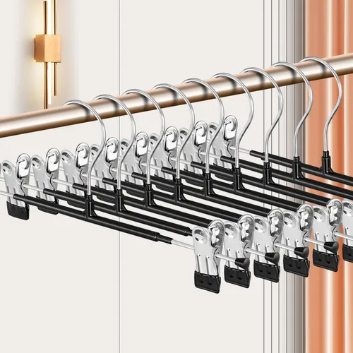 Miniatura 2 de Paquete de 10 perchas resistentes de 12 pulgadas para faldas y pantalones con clips, perchas de metal para pantalones de mezclilla, color negro