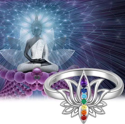 Miniatura 7 de Anillo de chakras de loto para mujer, yoga, chakras, cristal de plata de ley, flor de loto, equilibrio energético, chakras, joyería de meditación