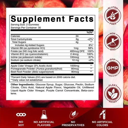 Miniatura 2 de Vitamatic Gomitas de vinagre de sidra de manzana, 1000 mg por porción, 60 gomitas veganas, gomitas ACV para desintoxicación, apoyo para la pérdida
