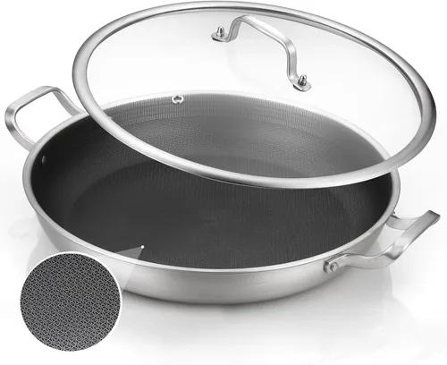 DELARLO Sartén con tapa, sartén de acero inoxidable de tres capas, sartén de paella antiadherente de 12 pulgadas, sartenes y sartenes para freír,