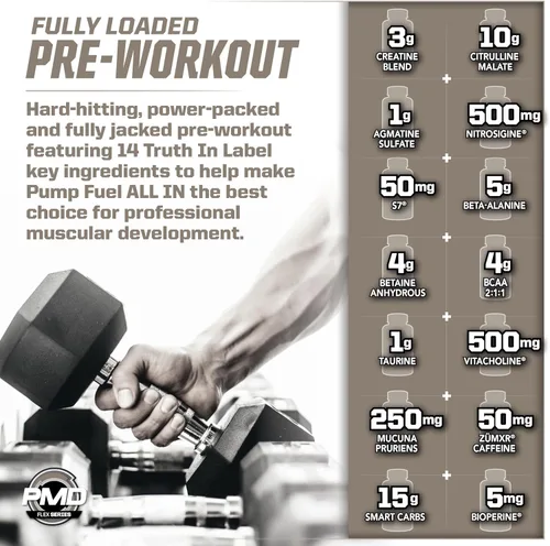 Miniatura 8 de PMD Sports Pump Fuel All in Insanity, Polvo Pre-Entreno Definitivo y Bomba Muscular, Energía de Máxima Fuerza, Concentración, Resistencia