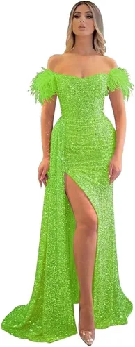 Miniatura 24 de Vestidos de fiesta de lentejuelas con hombros descubiertos, vestido formal de sirena brillante, vestido largo de fiesta de noche con abertura