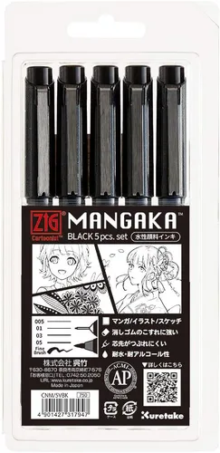 Kuretake ZIG CARTOONIST MANGAKA Black 5 set, para arte, ilustración, lettering, diseñadores gráficos, artistas urbanos, artesanos de papel,