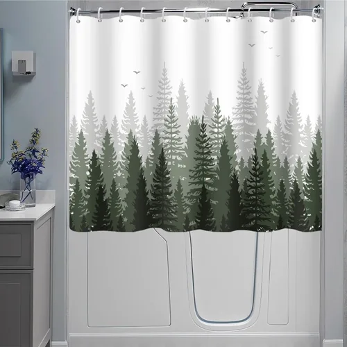 Miniatura 14 de Cortina de Ducha y Ventana, Cortina Verde y Gris de Bosque Pequeña y Corta Impermeable para Baño con Ganchos, 30x36 Pulgadas