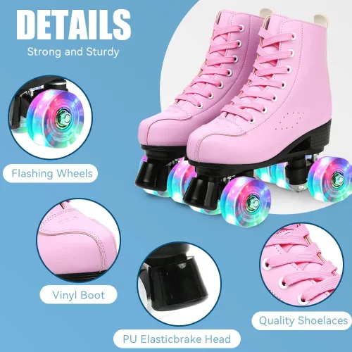 Miniatura 4 de Gets Patines altos para mujer, piel sintética, cuatro ruedas, doble fila, brillante, para interiores y exteriores rosado (Pink Flash)