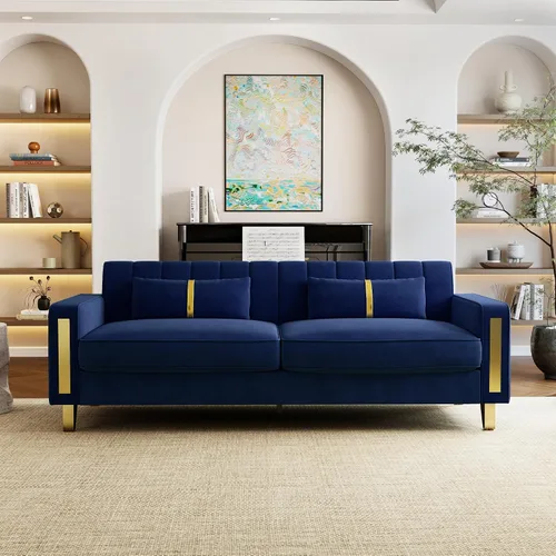 Miniatura 12 de Sofá de dos plazas para sala de estar, sofá de terciopelo beige de 86 pulgadas con 2 almohadas y patas de metal dorado, sofá tapizado moderno sofá