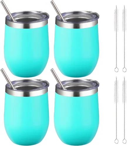 Miniatura 10 de Vaso de vino aislado de 12 onzas con tapa y pajita, vaso de vino de acero inoxidable sin tallo de doble pared, vaso de vino al vacío a granel