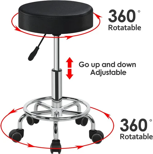 Miniatura 8 de Yaheetech Silla de spa ajustable con ruedas, taburete redondo pequeño, silla de tatuaje, color negro