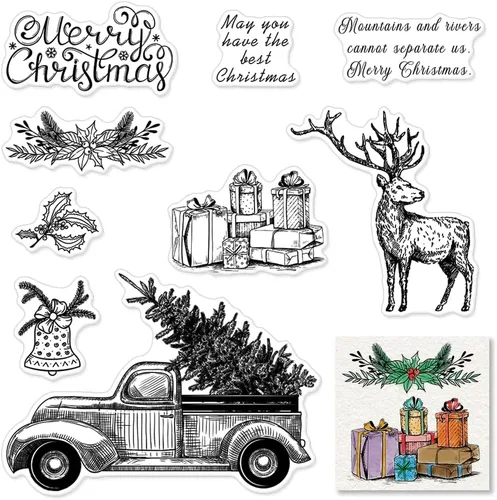 Sellos Transparentes de Camión con Árbol de Navidad para Hacer Tarjetas y Decoraciones de Álbumes de Fotos, Sellos de Silicona con Palabras de