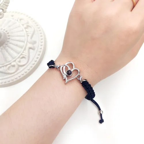 Miniatura 6 de Pulsera y collar de corazón con dije de proyección en 100 idiomas hechos a mano y collar de doble uso, pulsera de corazón con texto en inglés "I