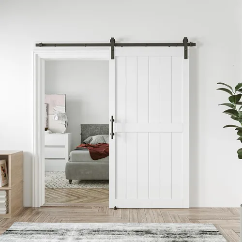 Miniatura 26 de Puerta corrediza de granero MDF de 30 x 80 pulgadas con kit de herrajes para puerta de granero de 5 pies, losa para puerta de granero con superficie