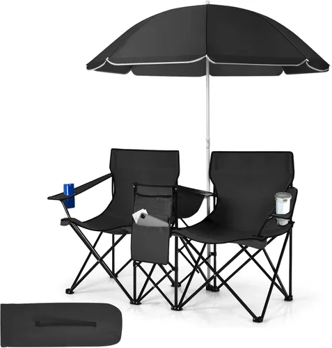 Tangkula Sillas de campamento dobles con paraguas, silla de campamento plegable portátil de 2 asientos con bolsa enfriadora, soporte para bebidas,