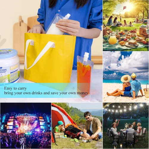 Miniatura 6 de 100 bolsas de bebida de 8 onzas, botella de plástico reutilizable con embudo para beber jugo de bebidas líquidas, bolsas de bebidas de pie para 8OZ