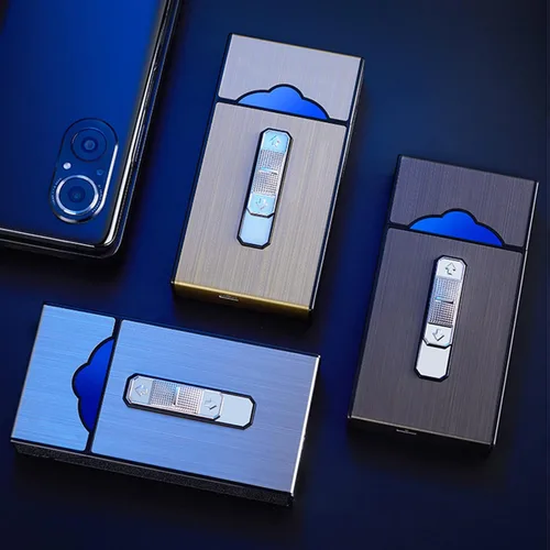Miniatura 3 de Caja de cigarrillos de aluminio con encendedor eléctrico, encendedor USB recargable, regalo para mujeres, hombres, padre, madre (negro)