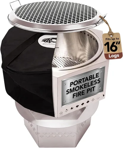 Dragonfire Chimenea portátil sin humo, accesorios incluidos: parrilla, soporte base, estuche de transporte. Pozo de fuego al aire libre de pellets