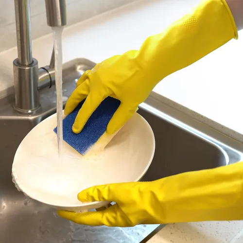 Miniatura 2 de 4 pares de guantes de goma para lavar platos de cocina – Coloridos guantes reutilizables de limpieza del hogar, tareas al aire libre para mujeres