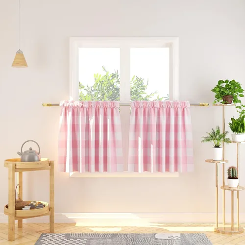 Miniatura 222 de Cenefas de cortina para ventana de 16 pulgadas de largo, 2 paneles de cuadros búfalo, cortinas pequeñas con bolsillo para barra, estilo clásico