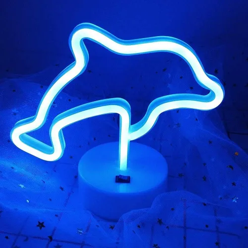 Miniatura 3 de Señales LED de neón con forma de delfines azules, luz de neón con base y USB, funciona con pilas, letreros de luz LED para fiesta de cumpleaños