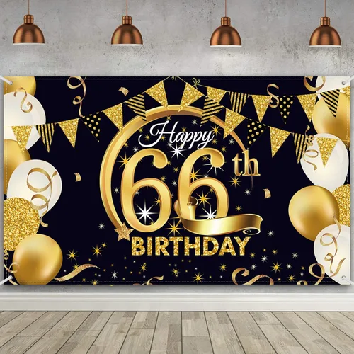 Miniatura 20 de Decoración de fiesta de cumpleaños número 15, cartel póster de tela extra grande negro y dorado para telón de fondo de cabina de fotos