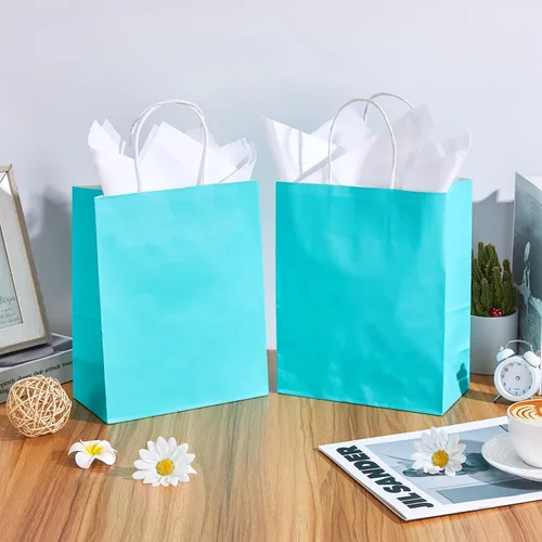 Miniatura 6 de DjinnGlory Paquete de 24 bolsas de regalo de papel azul turquesa de tamaño mediano con asas de 10 x 8 x 4 pulgadas y 24 papel de seda para Verde
