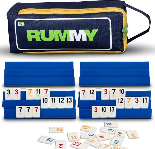 Point Games Juego clásico de Rummy Cube de tamaño completo, con estantes plegables de 3 niveles y azulejos, en una bolsa de viaje de lona súper