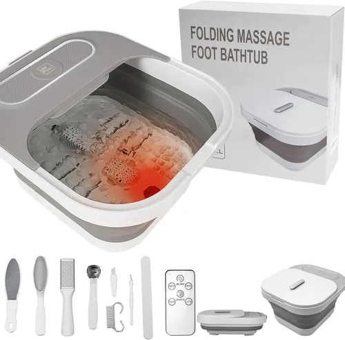 UNIFULL Lavabo plegable para pies con calor y rodillos de masaje, burbuja, kit de pedicura para pies, control de temperatura, luz roja, spa de