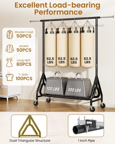 Miniatura 2 de Perchero de Ropa Resistente, Perchero de Ropa de Metal con Capacidad de 450 Libras, Percheros Rodantes para Colgar Ropa con Ruedas Bloqueables