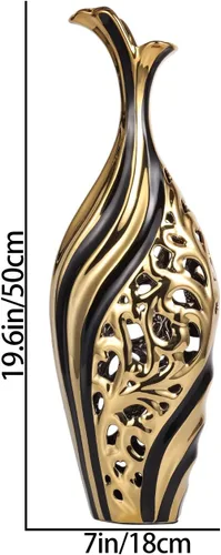 Miniatura 2 de Jarrón de piso de 19 pulgadas de alto, jarrón de cerámica negro y dorado, jarrón decorativo de cerámica, jarrón único para hierba de pampas