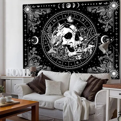 Miniatura 5 de Aipon Tapiz de esqueleto en blanco y negro para dormitorio, tapiz de calavera, setas, tapices hippie, plantas naturales, flores florales, tapiz