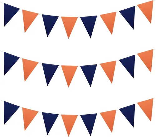 Meetppy Paquete de 3 banderines de papel naranja y azul marino con purpurina de doble cara, banderines de papel triangulares, decoración colgante
