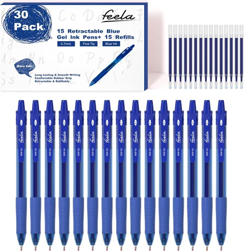 feela Paquete de 30 bolígrafos retráctiles de tinta azul de punta media, 15 bolígrafos de gel de punta fina con 15 recambios para una escritura suave